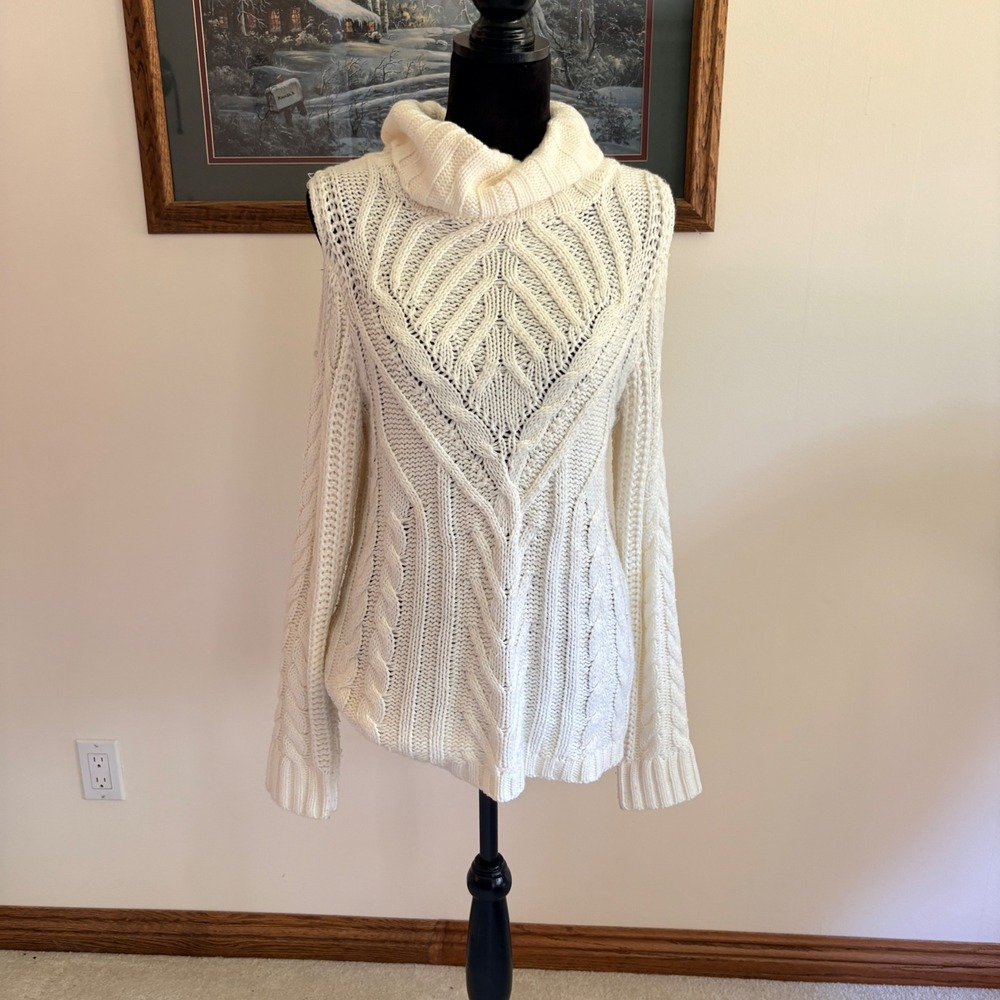 American Rag Cie Cold Shoulder Sweater Womens L Cream Cable Knit Cowl Neck